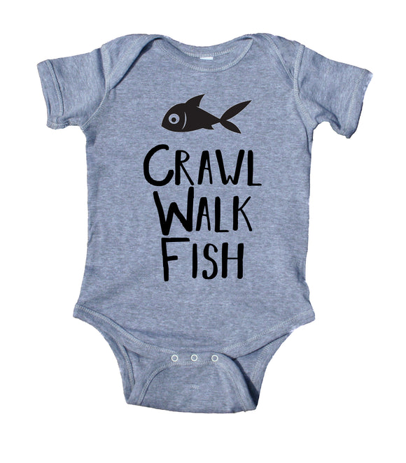 Crawl, Walk, Fish Baby Boy Girl Onesie Grey