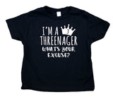 I'm A Threenager What's Your Excuse Toddler Shirt Three Girls Third Birthday Party Clothes Kids Clothing