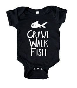 Crawl, Walk, Fish Baby Boy Girl Onesie Grey
