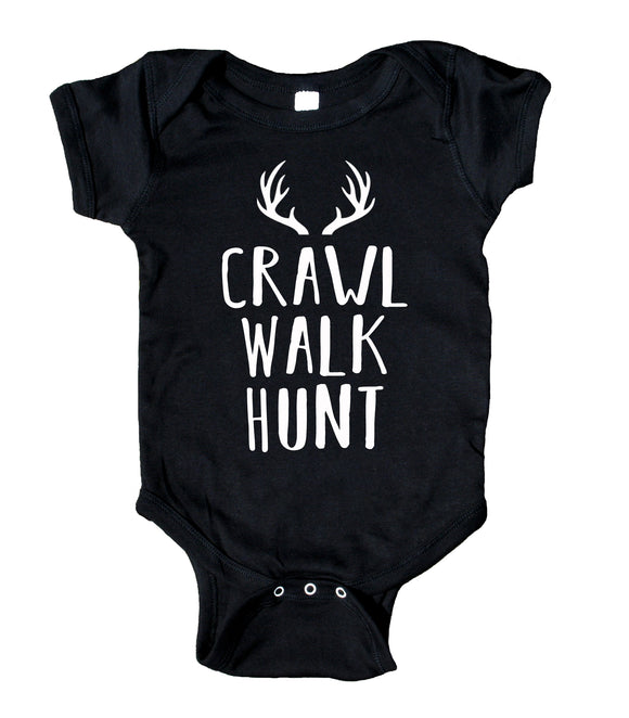 Crawl, Walk, Hunt, Antlers, Baby Boy Girl Onesie Black