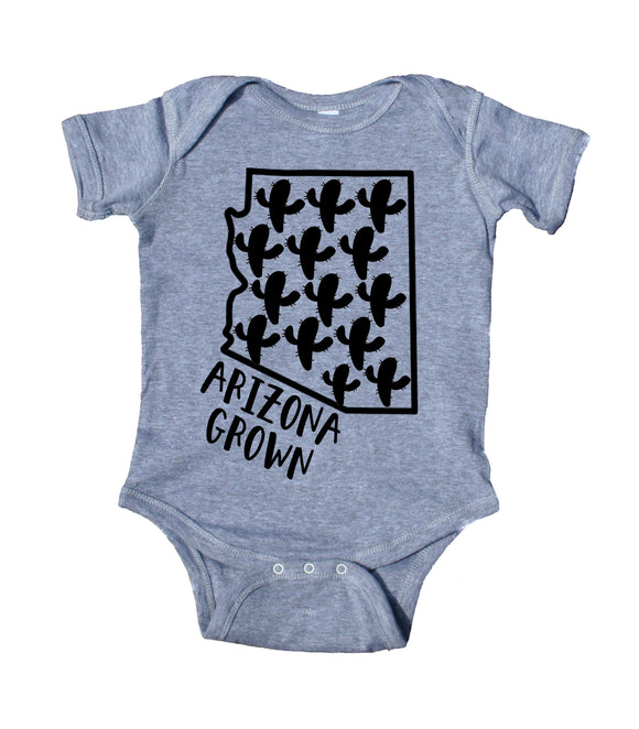 Arizona Grown, State Outline, Cactus Baby Boy Girl Onesie Grey