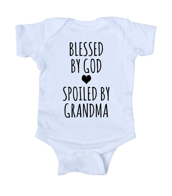 Blessed By God, Heart, Spoiled By Grandma Baby Boy Girl Onesie White
